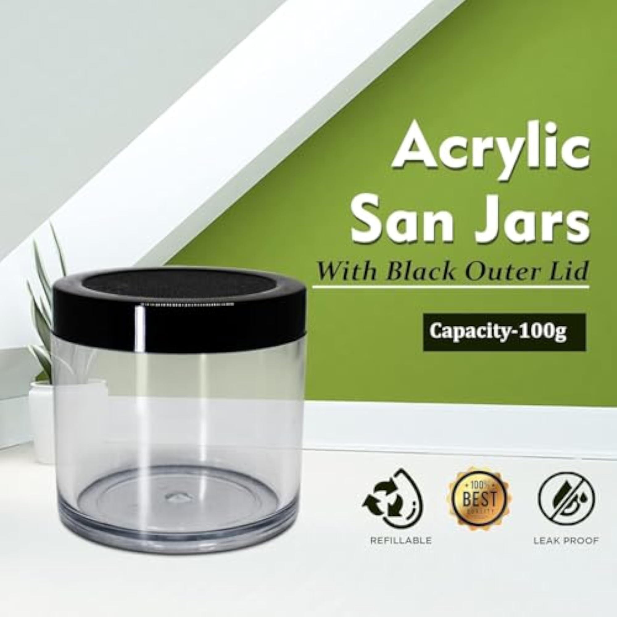 Clear Acrylic Jars with Black Outer Lid, Reusable Cosmetic Containers